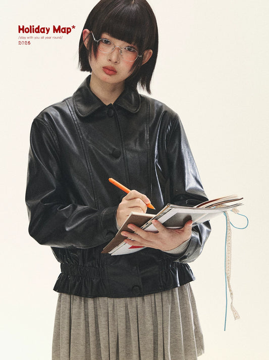 "Venus Gallery" Black Ruffle Collar Cropped Faux Leather Jacket