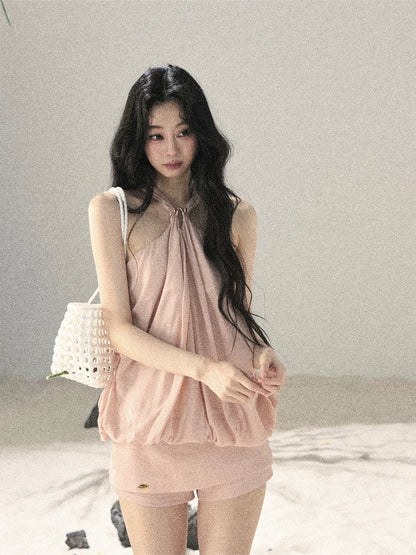 "Soft Luminous Glow" Misty Pink Halter Top & High-Waisted Skort Two-Piece Set