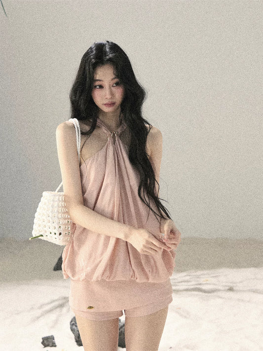 "Soft Luminous Glow" Misty Pink Halter Top & High-Waisted Skort Two-Piece Set