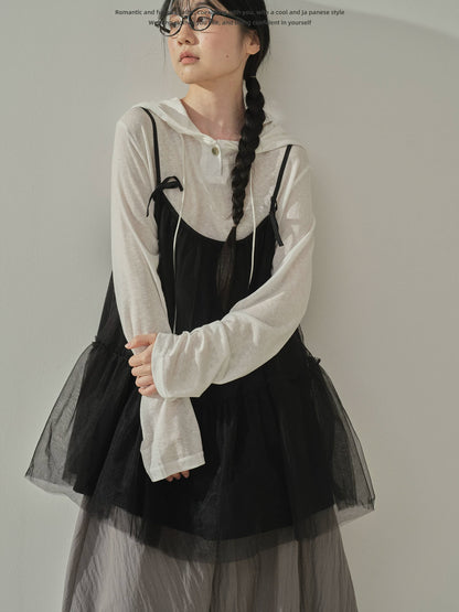 "Airy Veil" Layering Mesh Cami Top (Black / White)