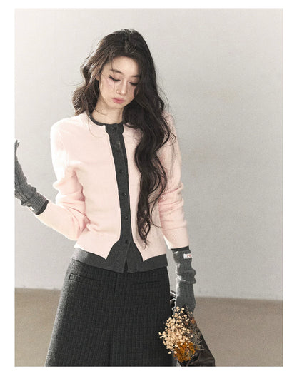 AOMALM - Cinnamon Pink Faux Layered Cropped Cardigan Sweater