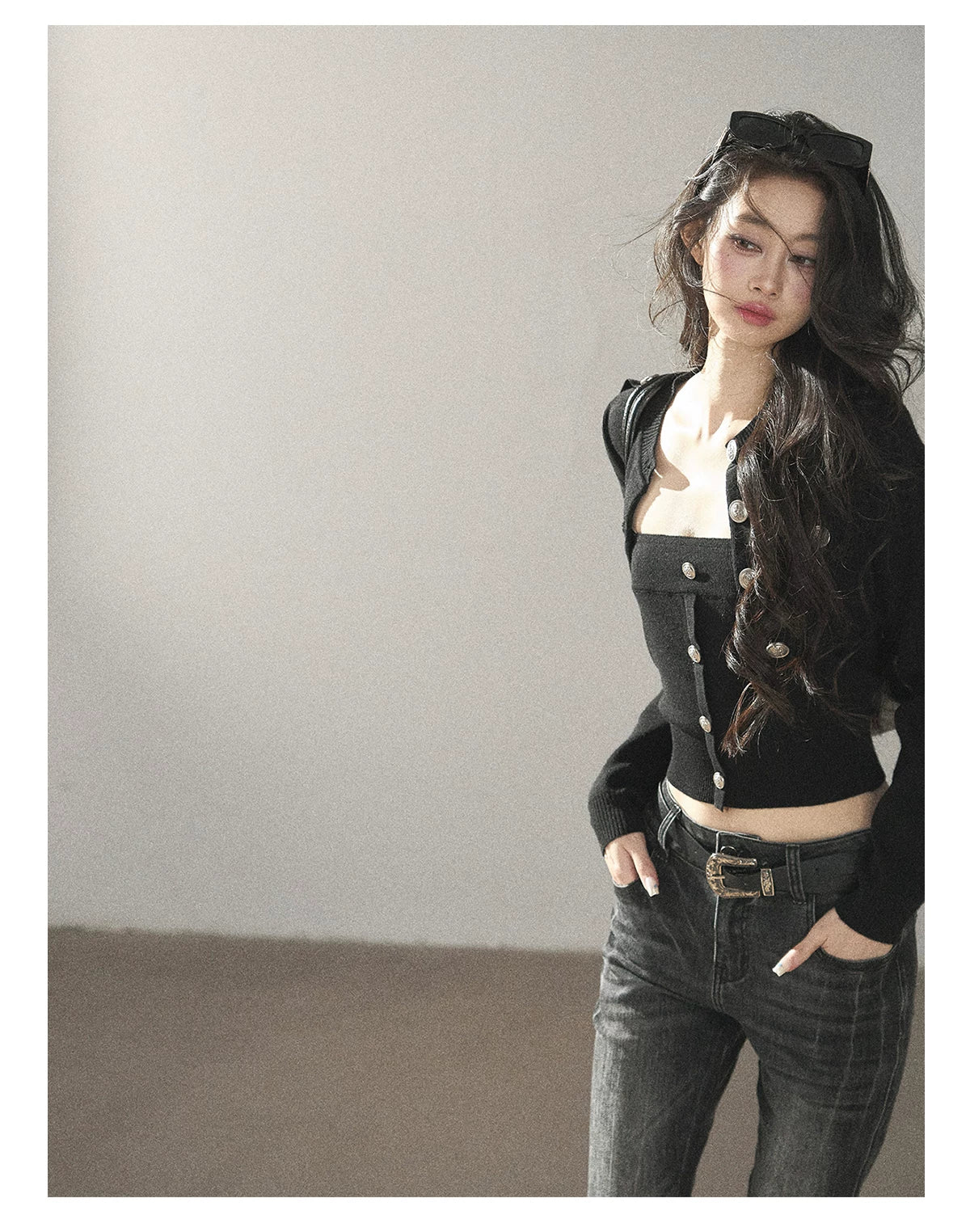 AOMALM - "You in the Night Sky" Black Cropped Knit Cardigan & Bandeau Set