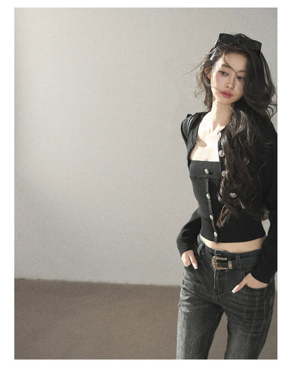 AOMALM - "You in the Night Sky" Black Cropped Knit Cardigan & Bandeau Set
