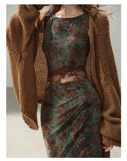 AOMALM - Caramel Brown Openwork Knit Cardigan