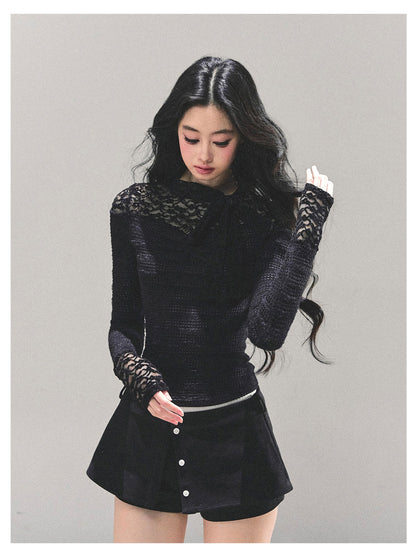 少也眼 “Monochrome Whispers" Lace Long-Sleeve Top - Black