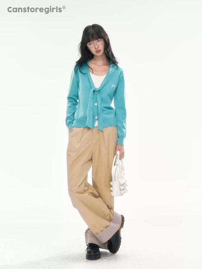 [CAN] Bow Embroidery Knit Cardigan (Blue / Yellow)