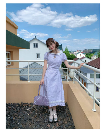 [RF] “Taro Milk Pudding” Purple Plaid Ruffle Midi Dress