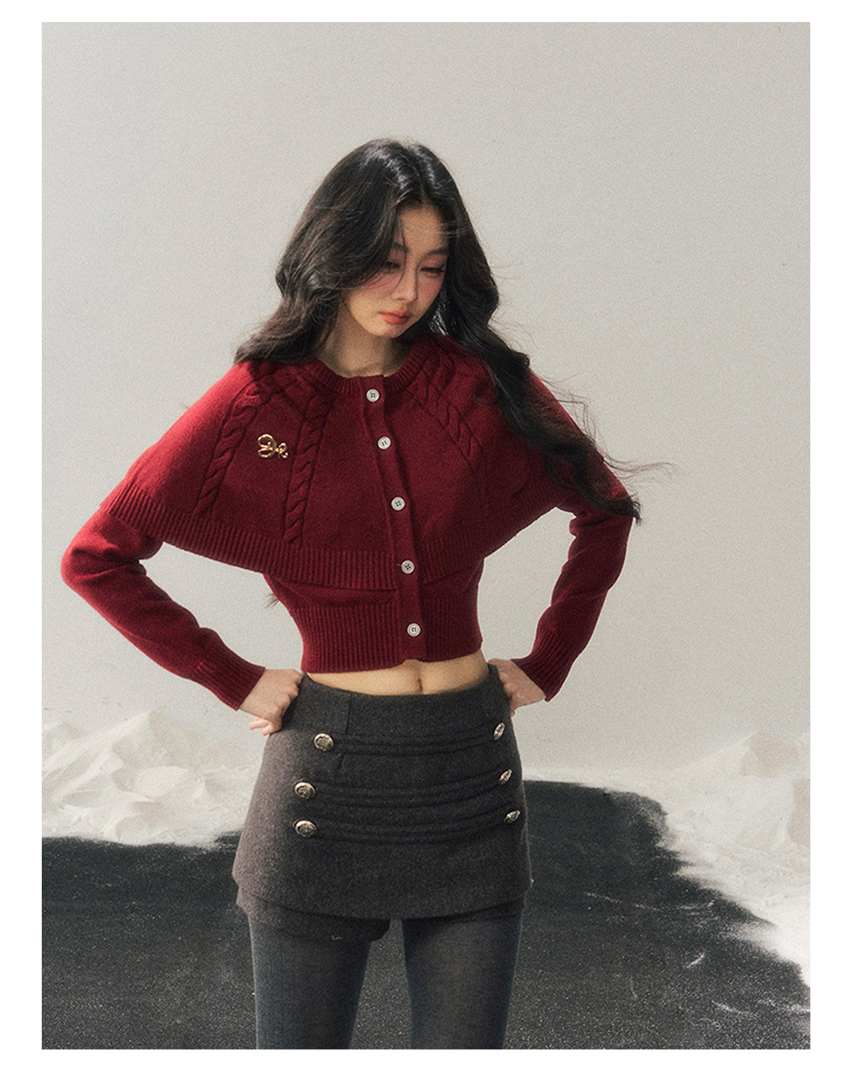 少也眼 "Miss Daisy" American Cable Knit Cape Sweater in Falu Red