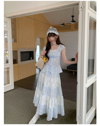 “Sea Salt Reverie” Blue Square Neck Blouse & Lace Tiered Maxi Skirt