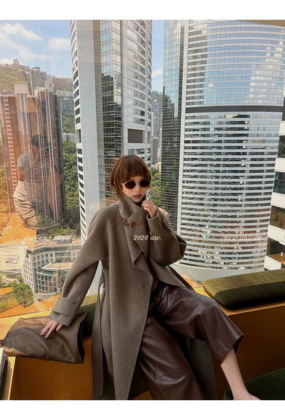 QuQuOuYang - 100% Wool Double-Face Belted Coat with Convertible Collar