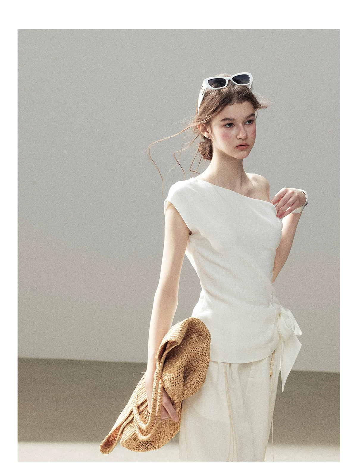 "Her Moonlight" Camellia White Off-Shoulder Top & Wide-Leg Pants Set