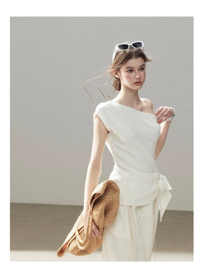 "Her Moonlight" Camellia White Off-Shoulder Top & Wide-Leg Pants Set