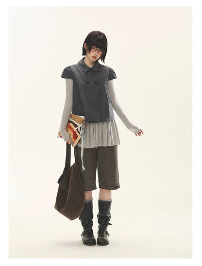 "Spring Memoir" TENCEL™ Wool Pleated Knit Midi Dress (Oat Gray/ Butter Cream)