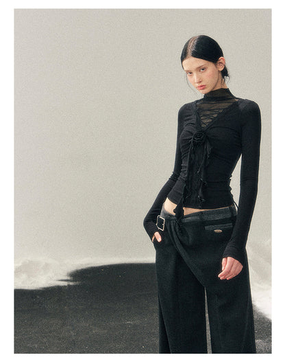 少也眼 “Vanishing Curve” Sheer Lace Turtleneck Base Top - Black