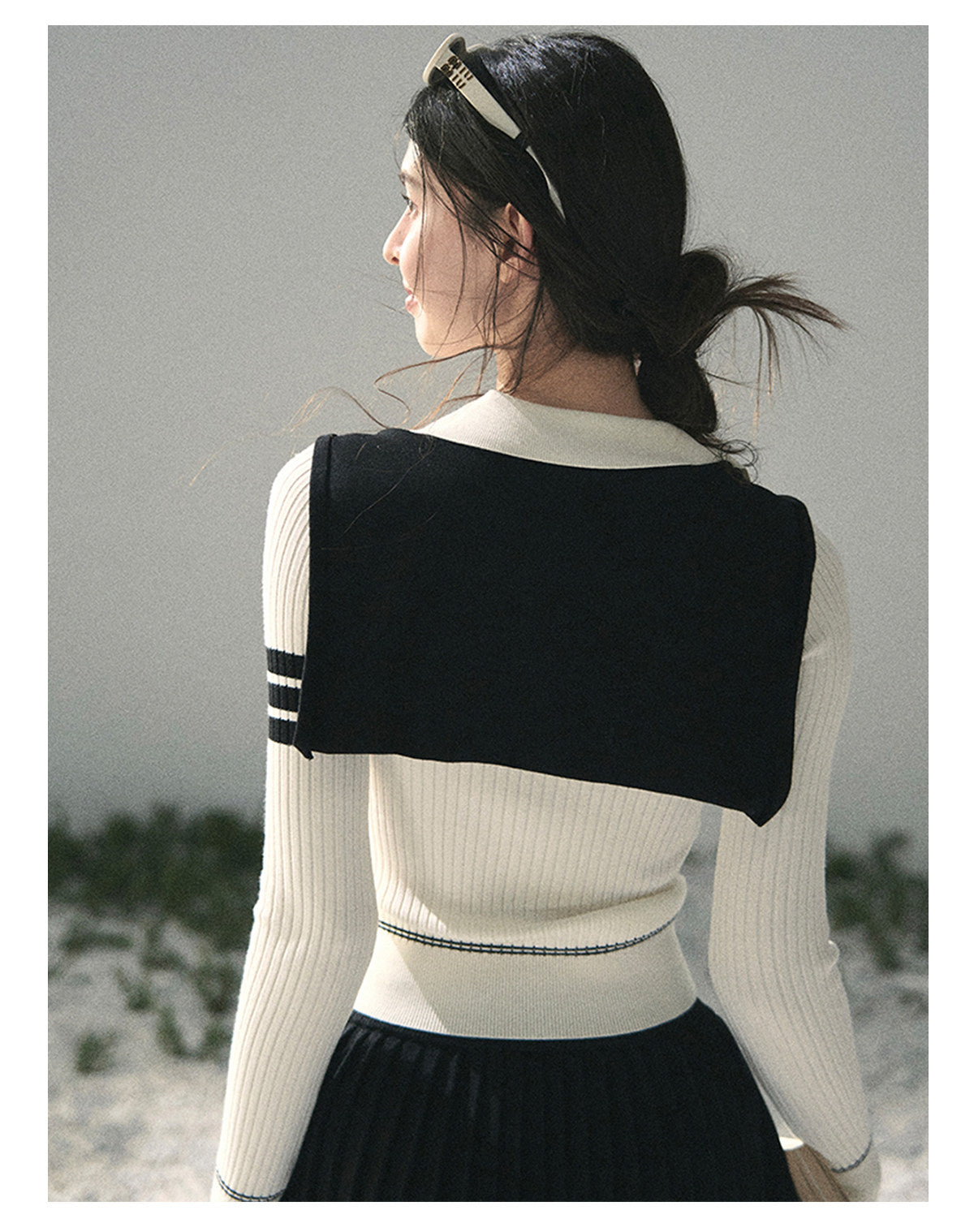 “Delhi Academy” Ivory Polo Knit Set with Midnight Black Scarf