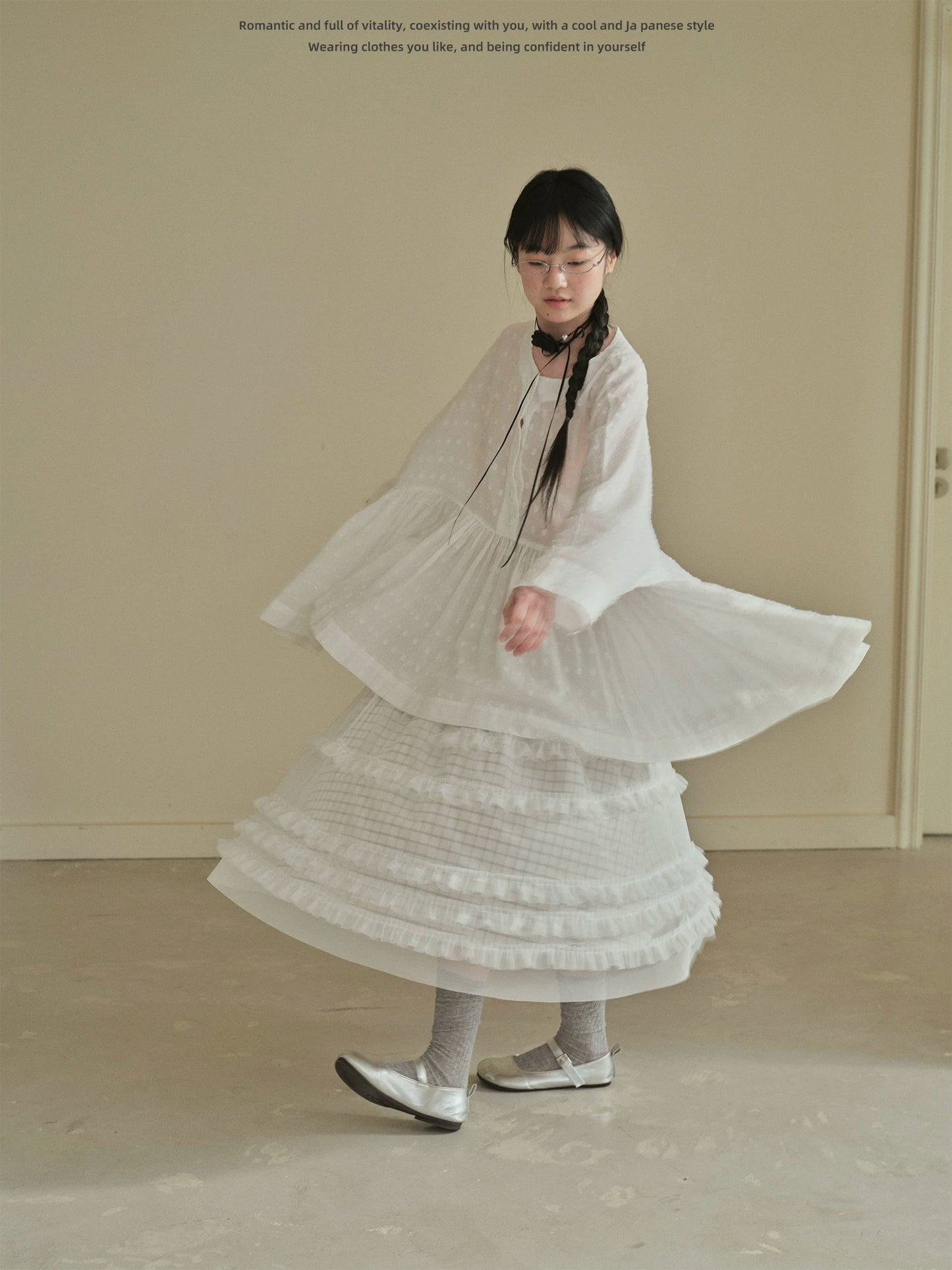 "Soft Polka Whisper" White Long Sleeve Babydoll Midi Dress