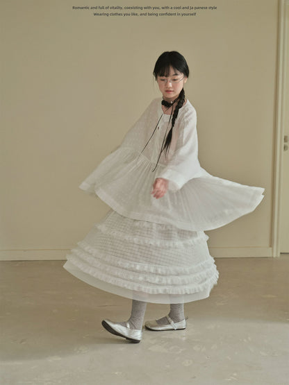 "Soft Polka Whisper" White Long Sleeve Babydoll Midi Dress