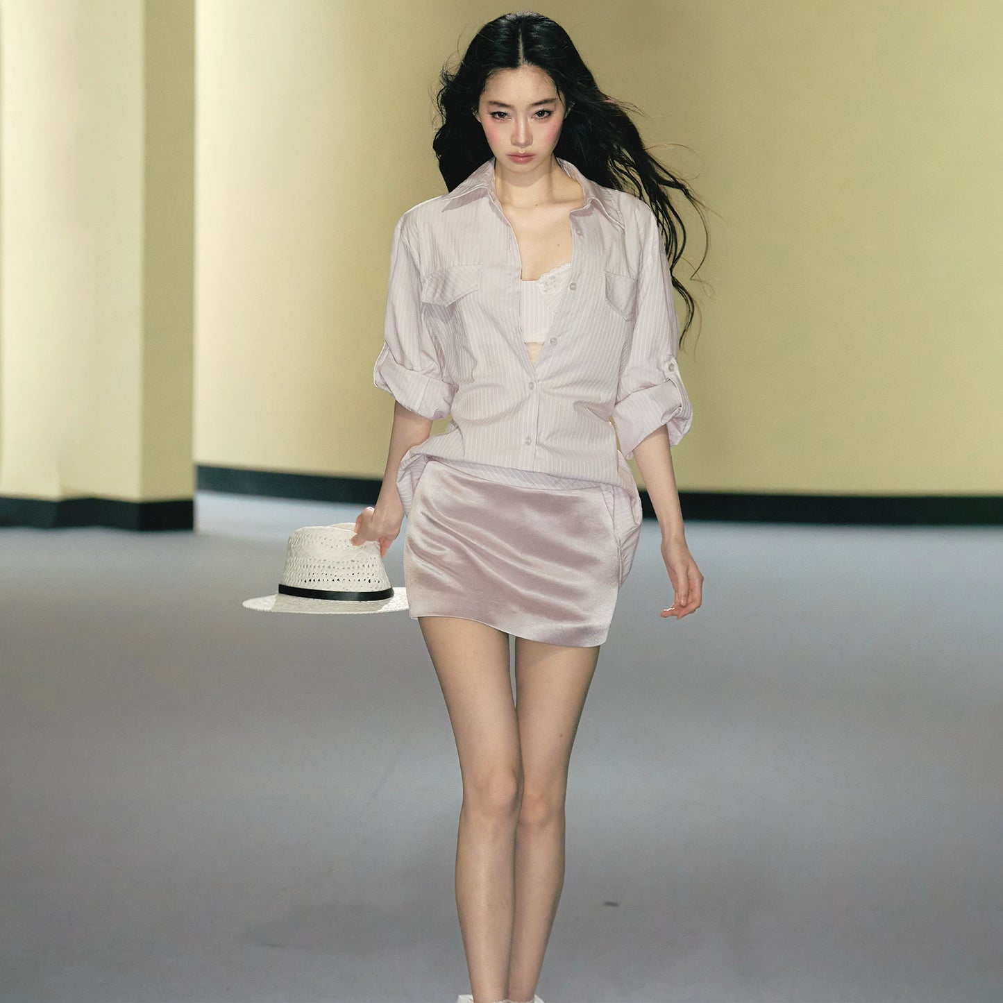 "Rosé Study Session" Pink Stripe Shirt, Lace Corset Cami & Champagne Skort Set