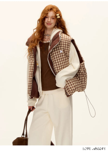 ASGONY - Reversible Plaid Lace-Trim Quilted Vest (Brown / Gray)