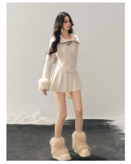 少也眼 "Silent Confession" Apricot Preppy Pleated Mini Dress
