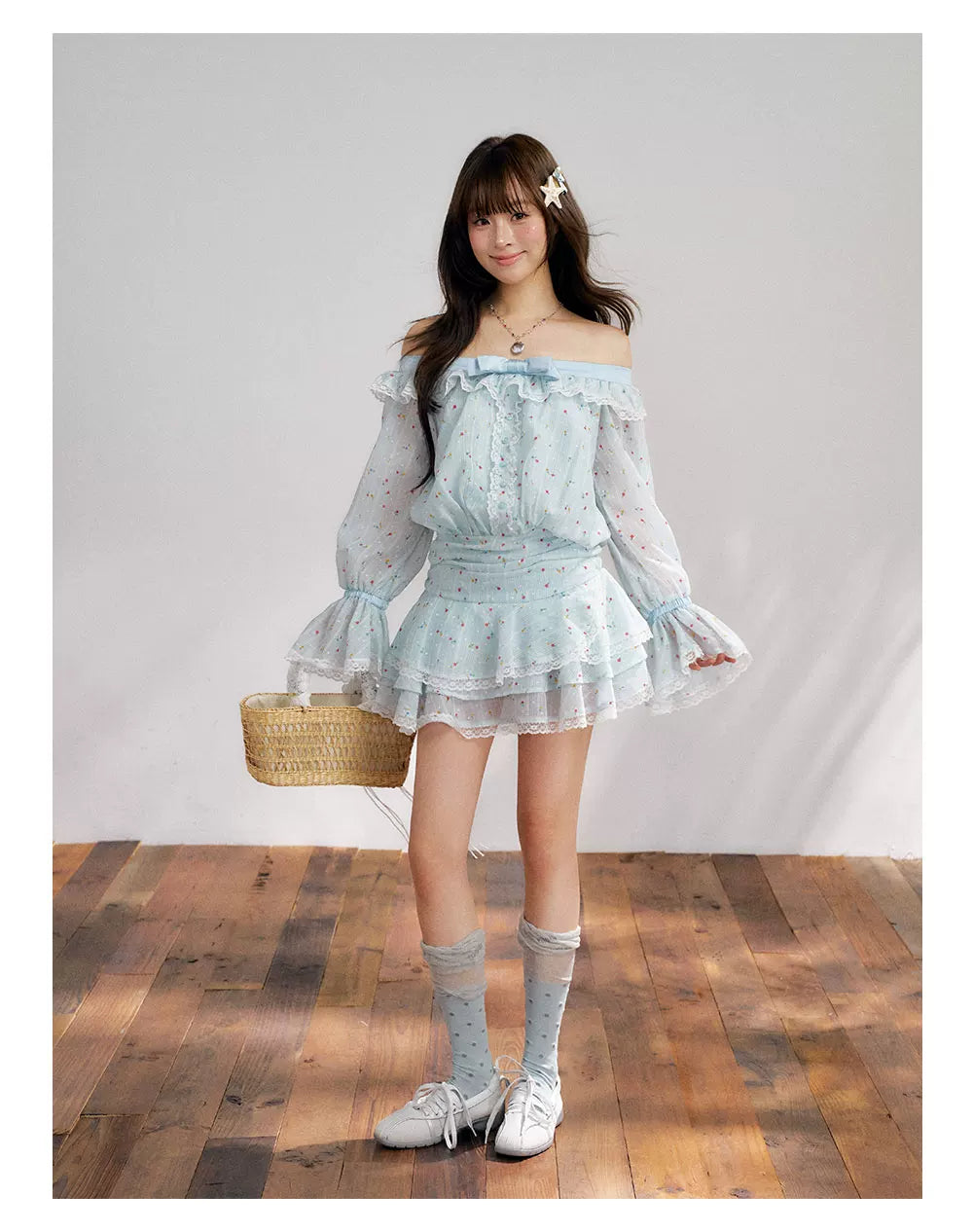 “Blue Meringue Reverie” Blue Off-Shoulder Cake Dress