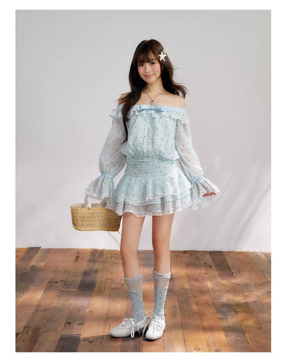 “Blue Meringue Reverie” Blue Off-Shoulder Cake Dress