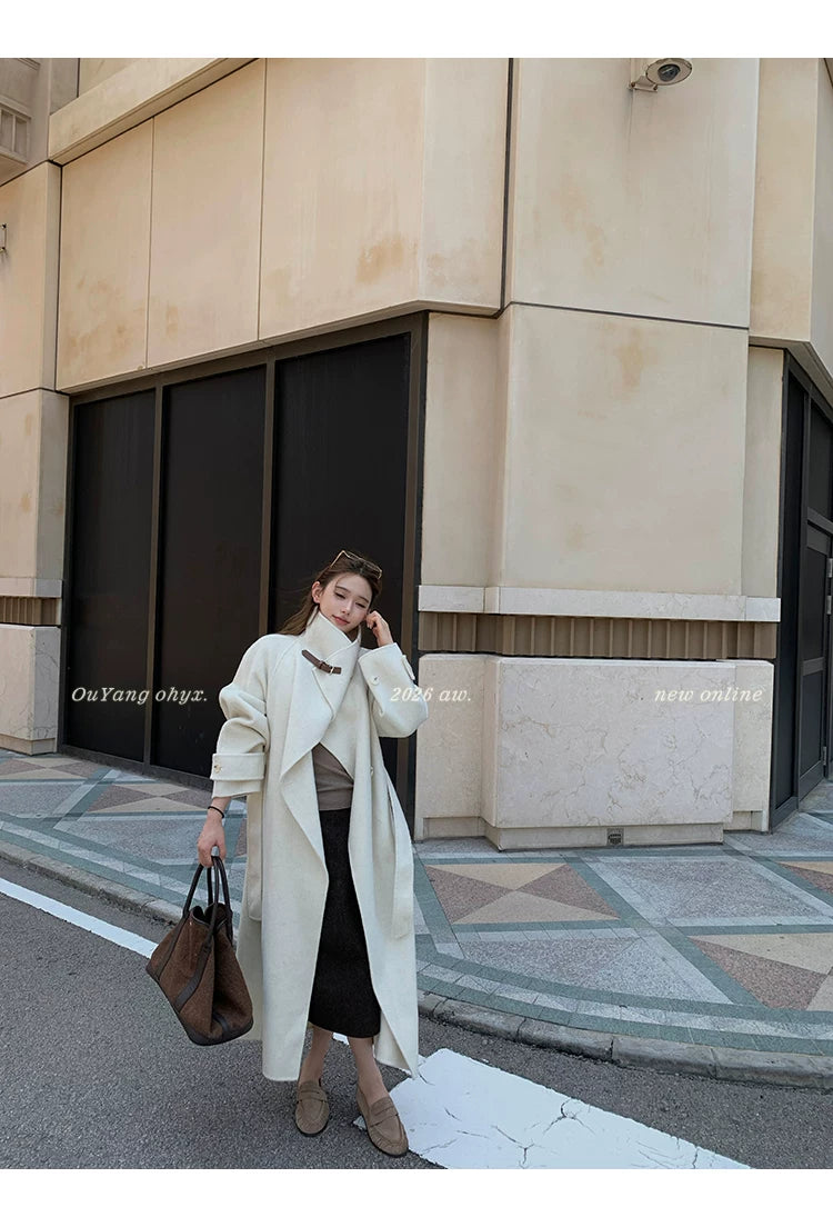 QuQuOuYang - 100% Wool Double-Face Belted Coat with Convertible Collar