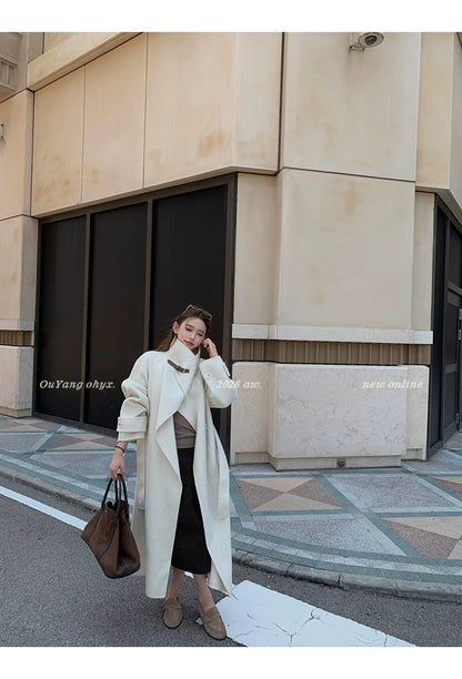 QuQuOuYang - 100% Wool Double-Face Belted Coat with Convertible Collar