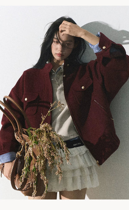 OAKMOO/ "Plum Blossom Mood" Angora Red Wool-Blend Harrington Jacket