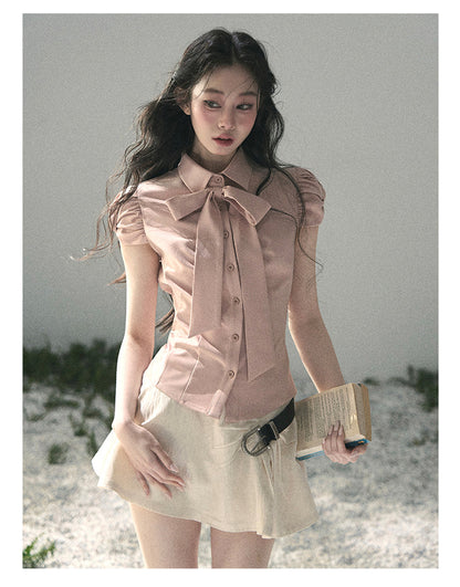 “Blush Confession” Ballet Pink Bow Puff Sleeve Blouse