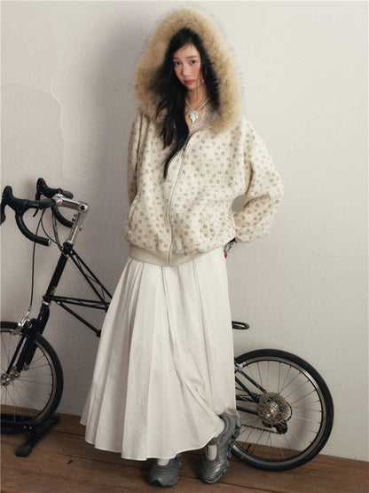 1P - Floral Faux Fur Hooded Fleece Jacket