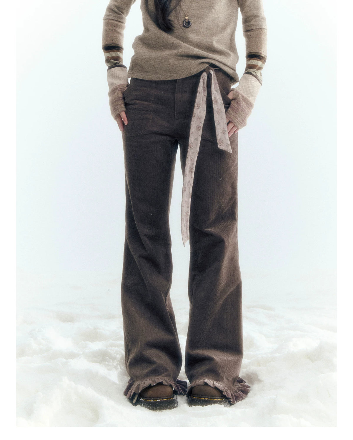 Horridale - Milk Tea Brown Floral Belt Corduroy Flare Pants