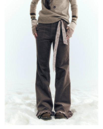 Horridale - Milk Tea Brown Floral Belt Corduroy Flare Pants