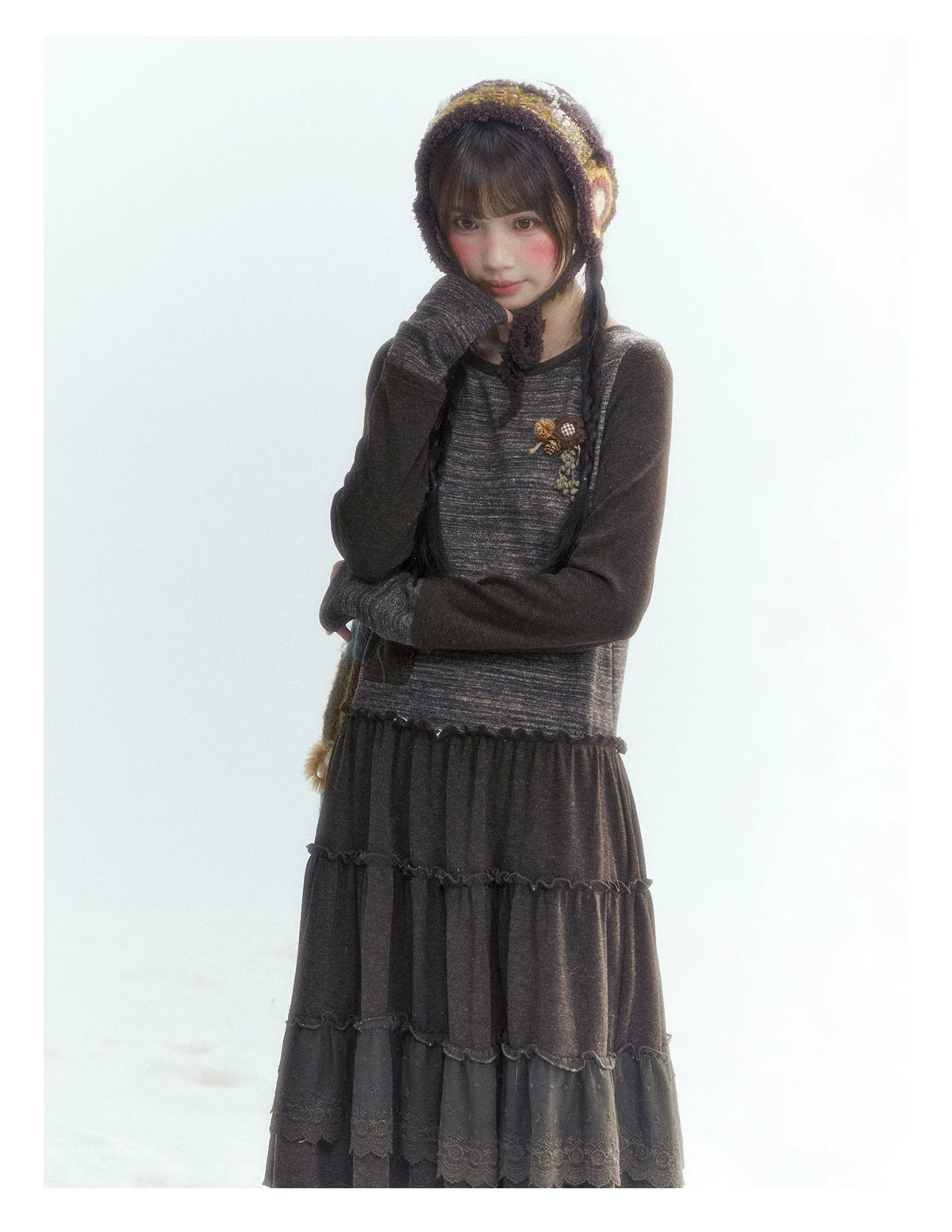 Horridale - Vintage Lace-Trim Long Sleeve Knit Dress – Brown