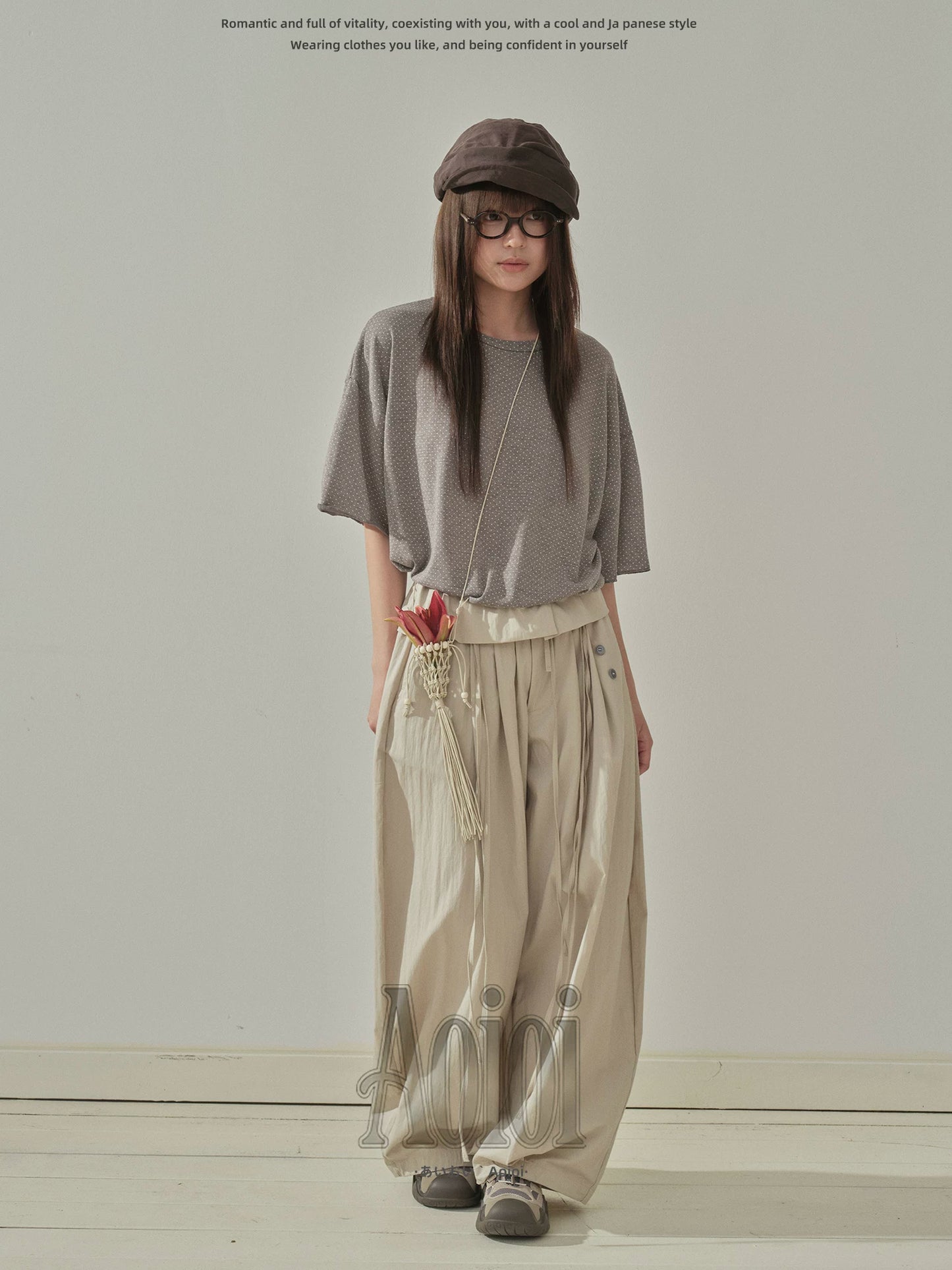"Quiet Flow" Wide Leg Trousers (Khaki / Charcoal Gray)