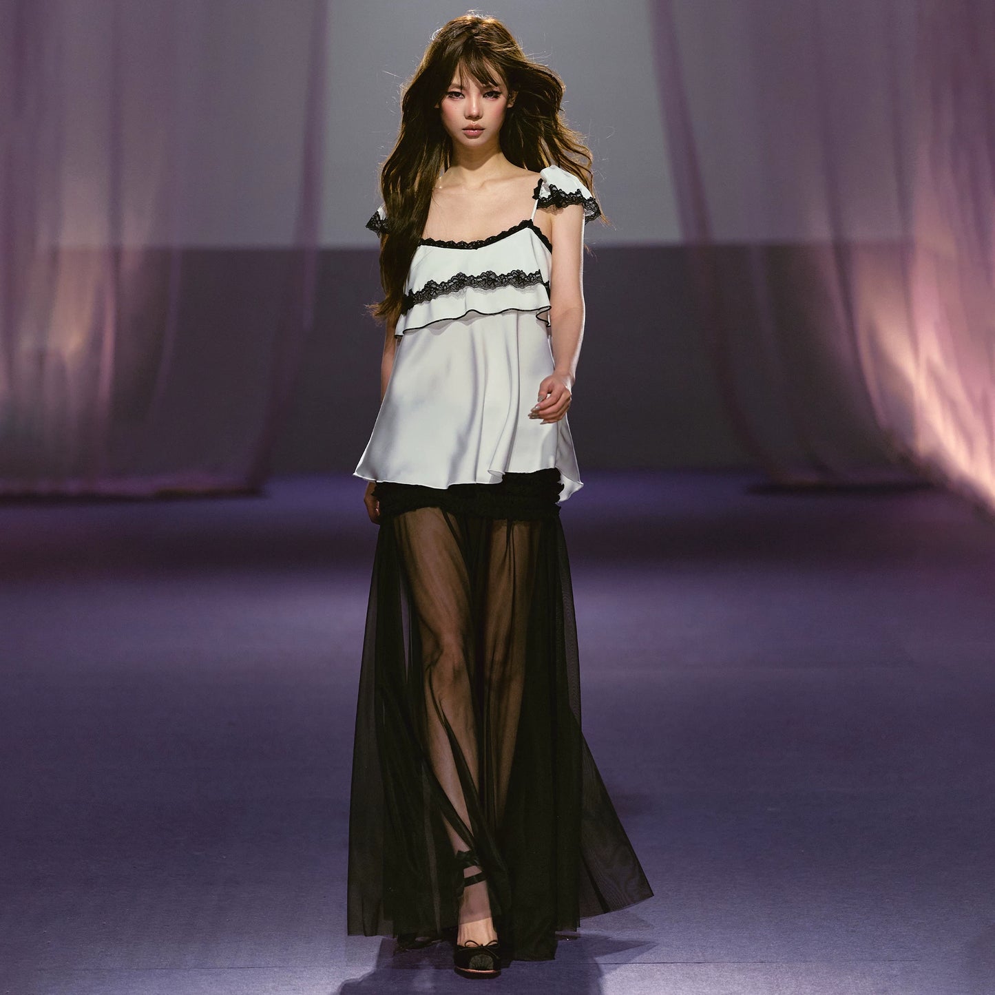 Ruched Semi-Sheer Mesh Maxi Skirt (Apricot/ Black/ Gray)