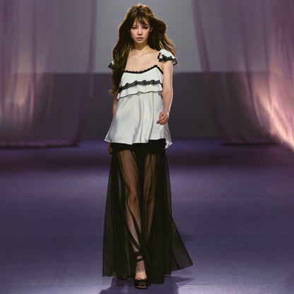 Ruched Semi-Sheer Mesh Maxi Skirt (Apricot/ Black/ Gray)