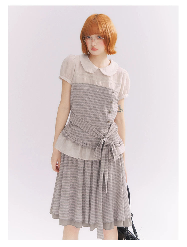 “Old Keepsake Letters” Frost Gray Doll Collar Lace Two-Piece Set