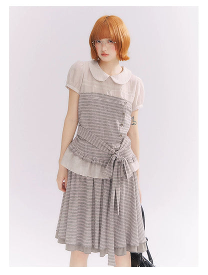 “Old Keepsake Letters” Frost Gray Doll Collar Lace Two-Piece Set