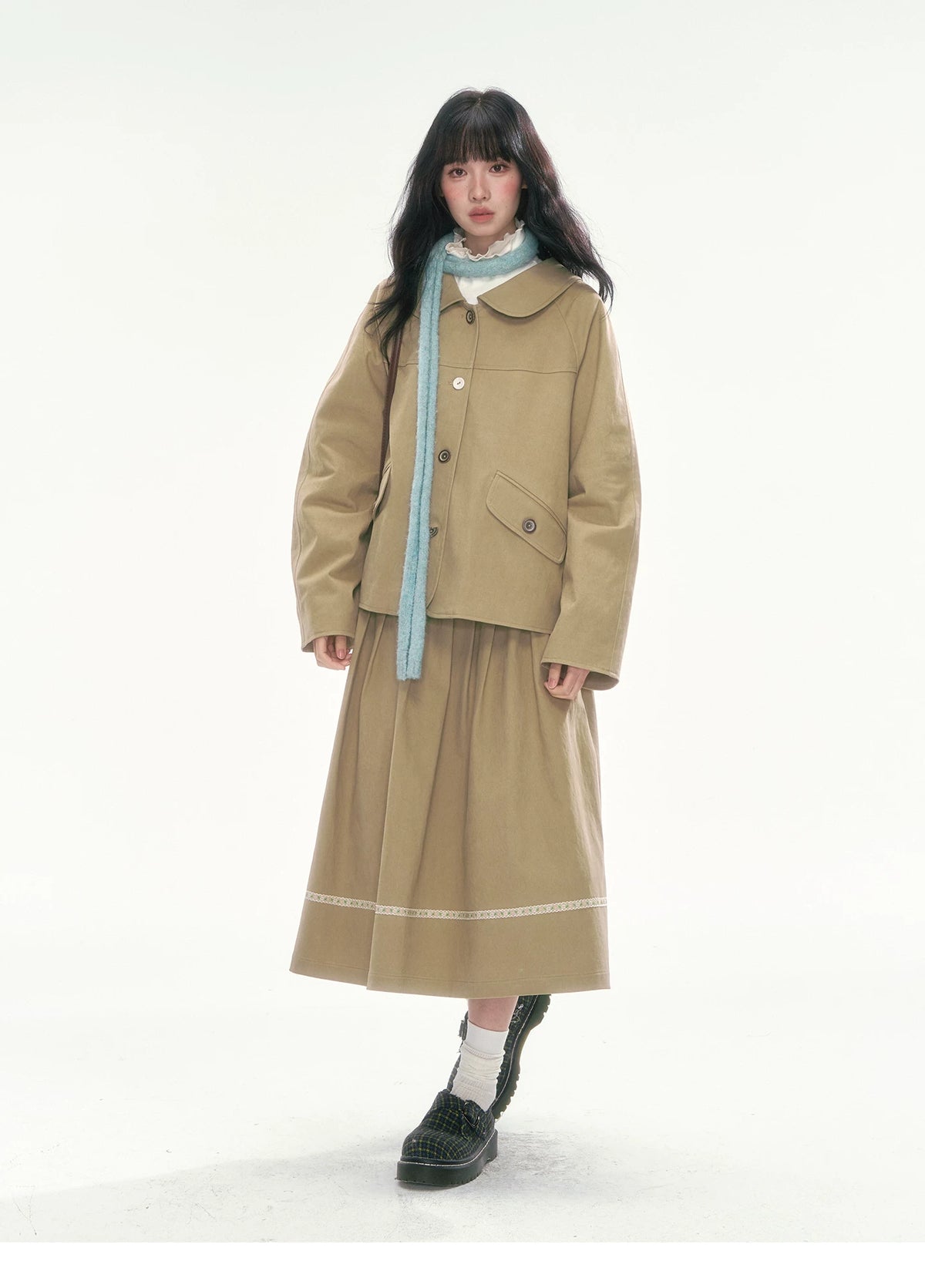 [CAN] Khaki Peter Pan Collar Jacket & Midi Skirt Set