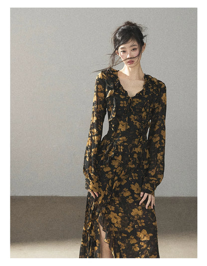 AOMALM - Black & Golden Brown Floral Ruffle Maxi Dress with High Side Slit