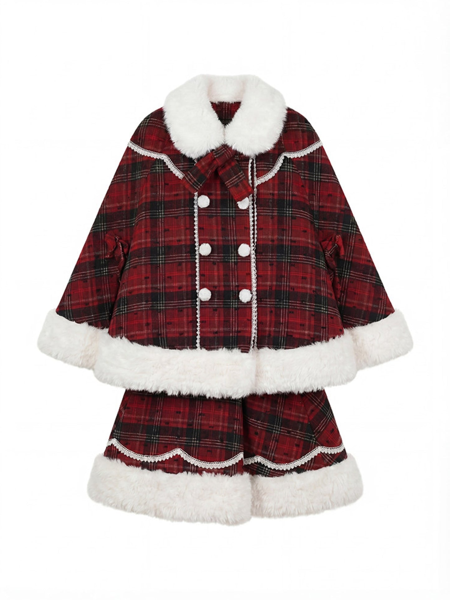 阮阮自制 - "Snowberry Dream" Plaid Cape Wool Blend Two-Piece Winter Set