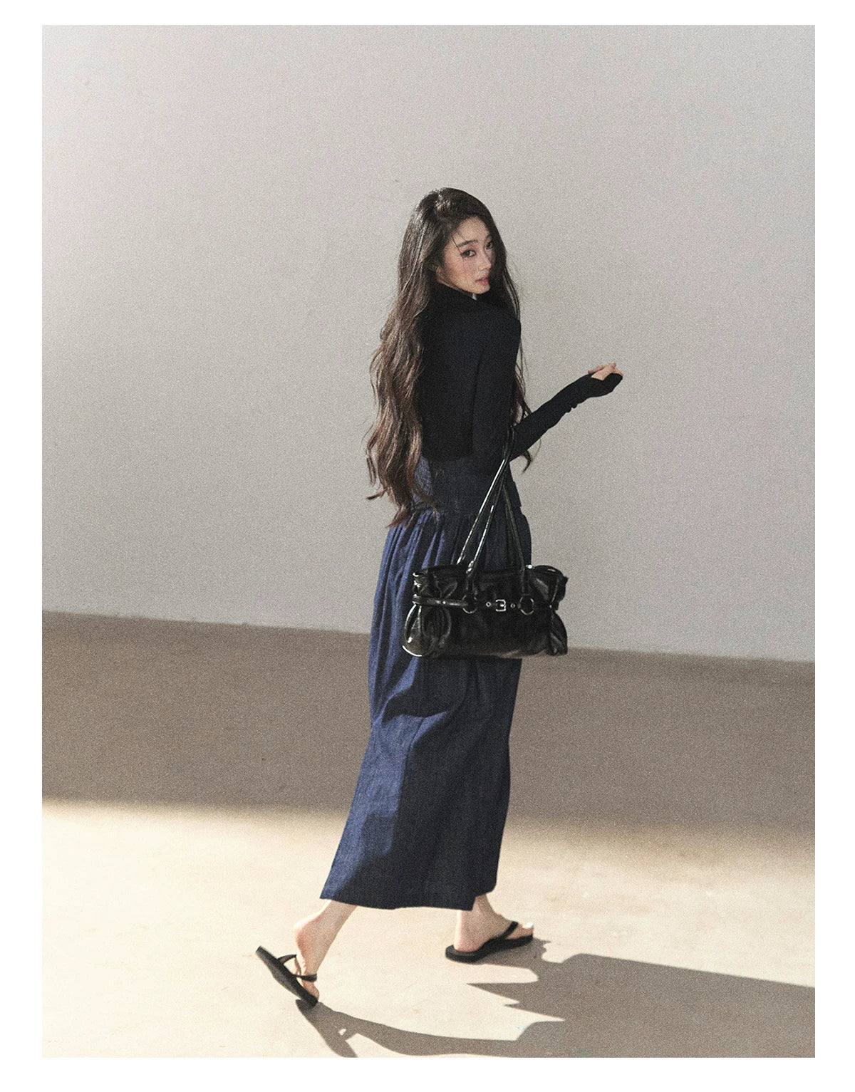 AOMALM - Navy Denim Long Dress with Matching Cardigan & Side Slit