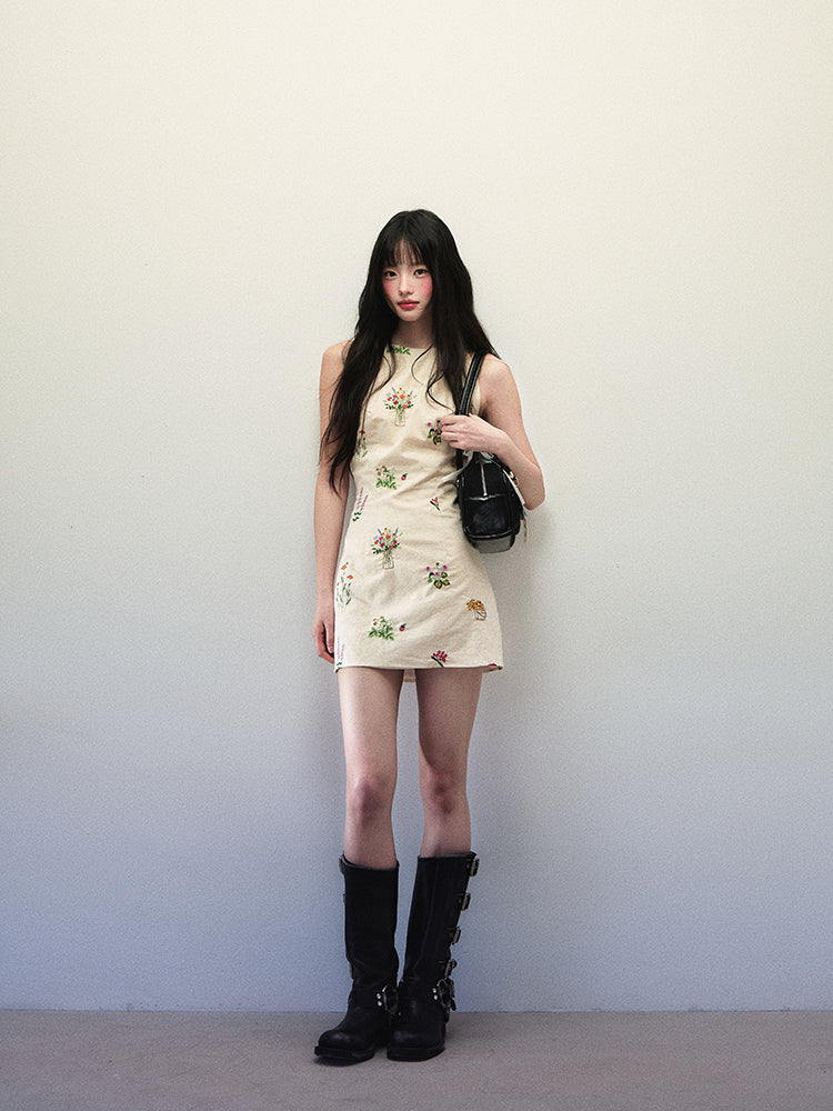 1P - “Don’t Know What To Do” Linen Bloom Embroidered Halter Dress