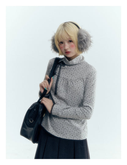 Floral Bow Lace-Tie Knit Top (Gray Floral / Light Khaki Beige)