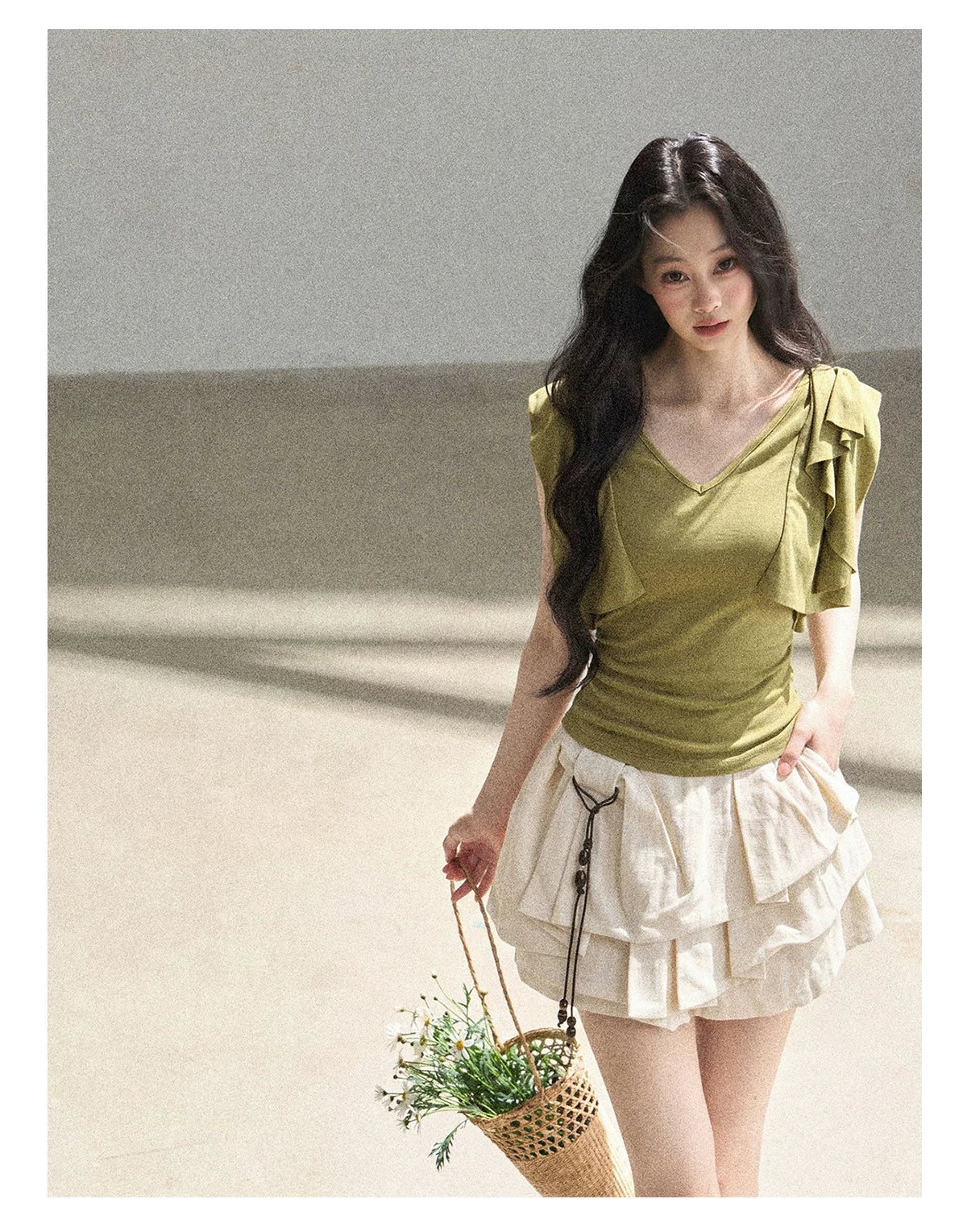 "Where Clouds Fall" Ruffle Sleeve V-Neck Crop Top (Forest Green/ Sage Gray/ Misty Blue/ Cinnamon Pink)