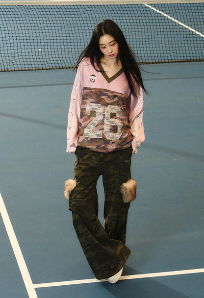 JN's DESIGN - Pink & Camo Lace-Trim V-Neck Jersey Top