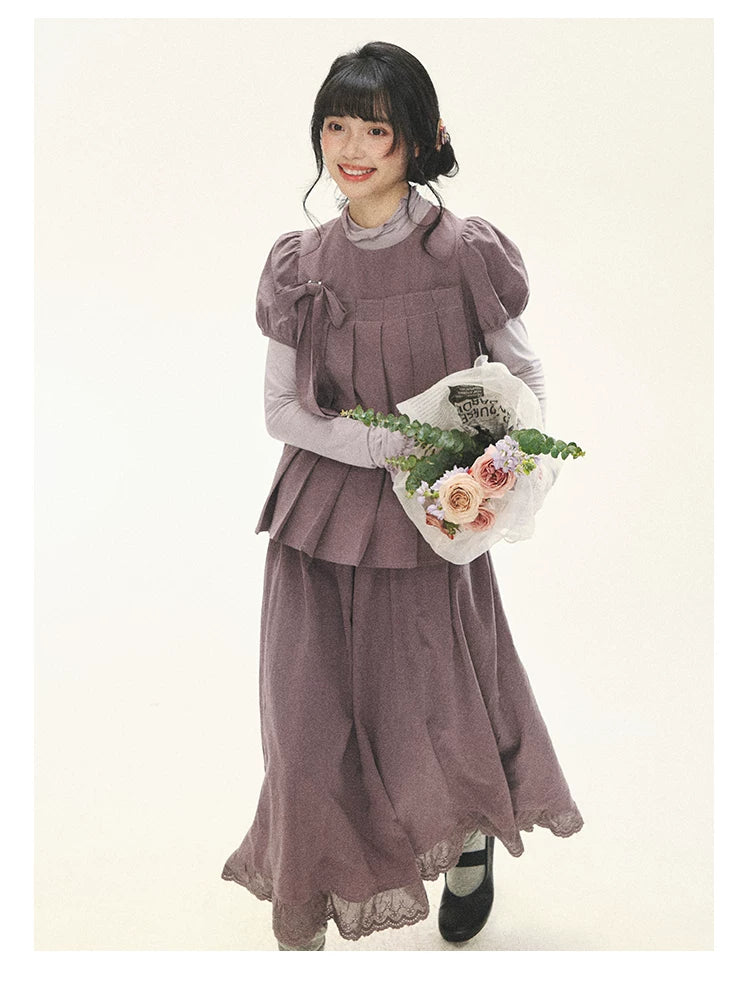 "Whispers Between Pleats" Gray Grape Purple Pleated Top & Maxi Skirt Set