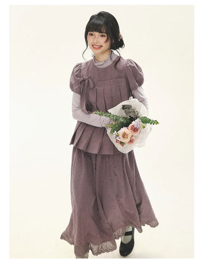 "Whispers Between Pleats" Gray Grape Purple Pleated Top & Maxi Skirt Set