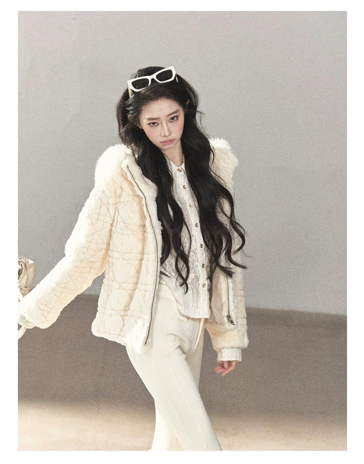 AOMALM - Cloud White Rabbit Fur Cropped Coat